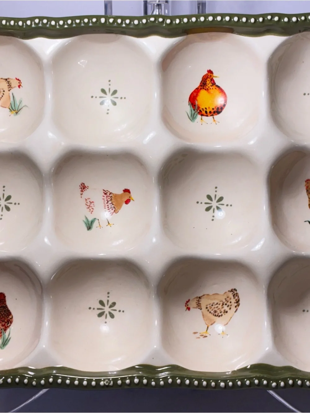 Cream & Green Ceramic Egg Serving Tray with Rooster Motif